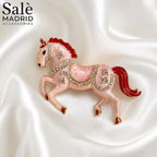 BROOCH PINK ENAMEL CRYSTAL RUNNING HORSE