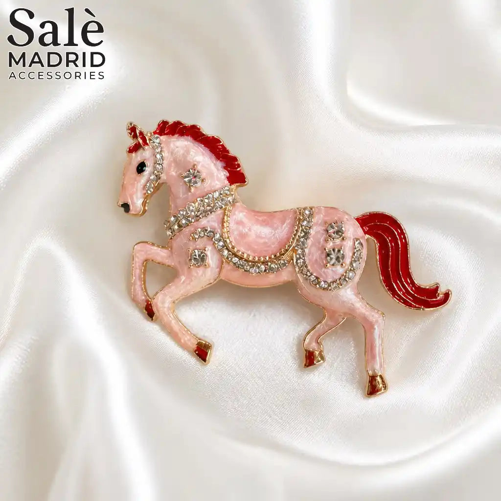 BROOCH PINK ENAMEL CRYSTAL RUNNING HORSE