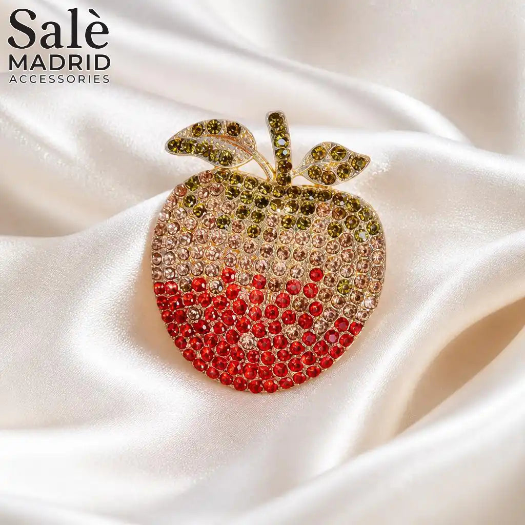 BROOCH GOLD RED GREEN PAVE CRYSTAL APPLE