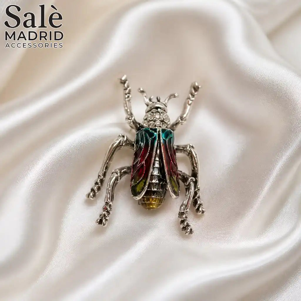 BROOCH SILVER TEAL RED ENAMEL BEETLE