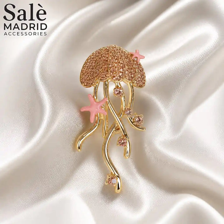BROOCH PINK CRYSTAL GOLD JELLYFISH STARFISH