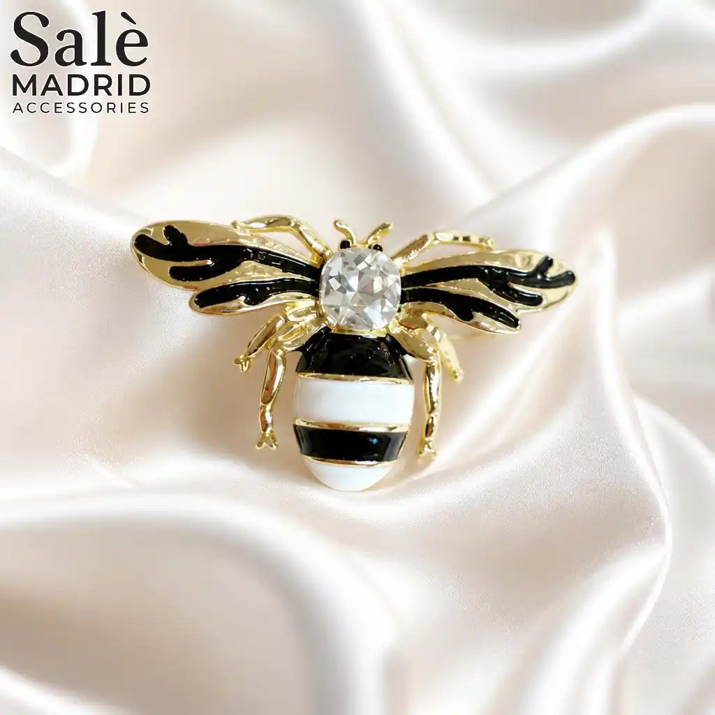 BROOCH WHITE BLACK STRIPE BEE GOLD BLACK WING CRYSTAL
