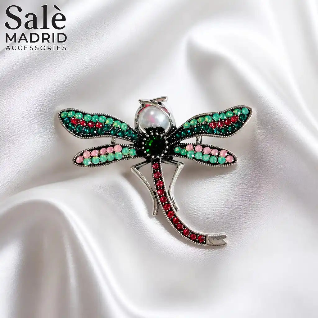 BROOCH SILVER DRAGONFLY GREEN PINK CRYSTAL PEARL VINTAGE Main image