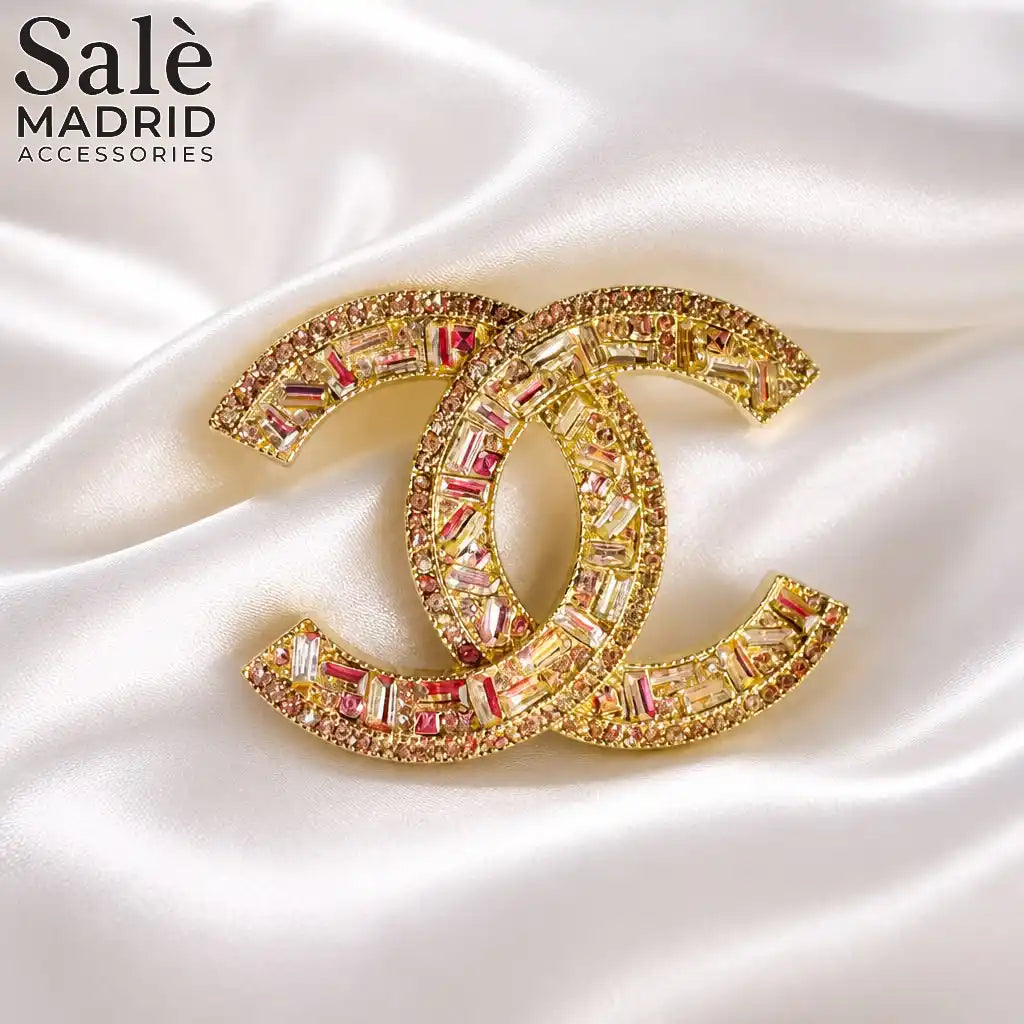 BROOCH GOLD DOUBLE C CC BAUETTE CRYSTAL PAVE LARGE