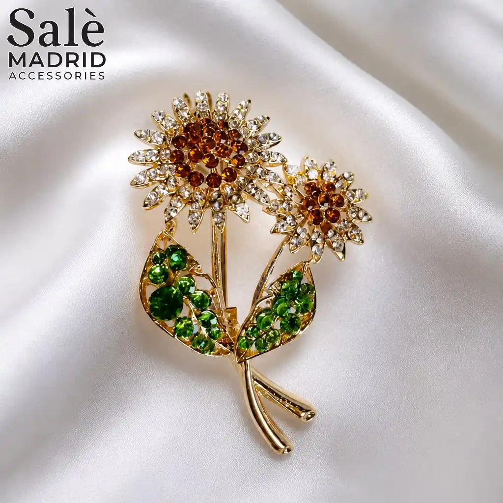 BROOCH GOLD DOUBLE SUNFLOWER GREEN LEAF CRYSTAL BROWN