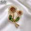 BROOCH GOLD DOUBLE SUNFLOWER GREEN LEAF CRYSTAL BROWN