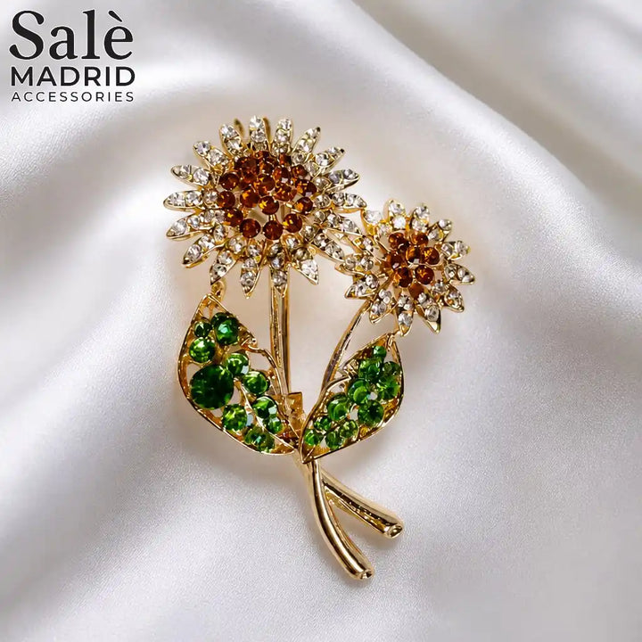 BROOCH GOLD DOUBLE SUNFLOWER GREEN LEAF CRYSTAL BROWN