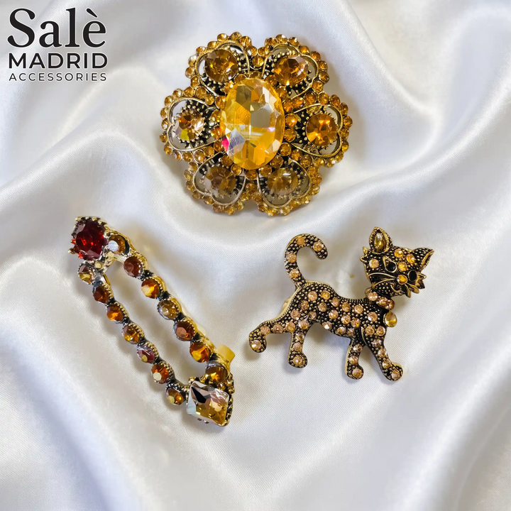 SET BUTTON CLIPS CHAMPAGNE FLORAL TOPAZ STEM + CRYSTAL CAT +FLOWER GOLD