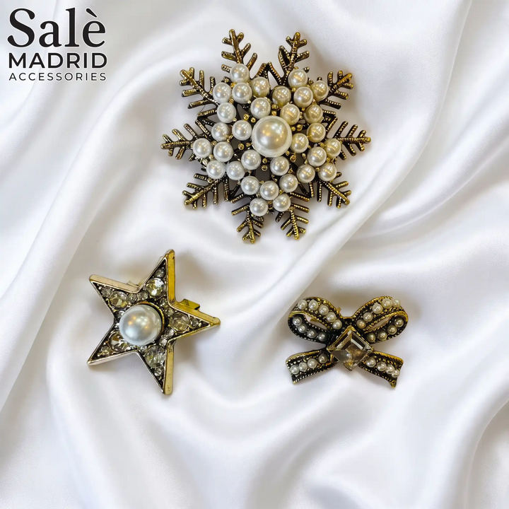 SET BUTTON CLIPS PEARL BOW + PEARL STAR + SNOWFLAKE PEARL CLUSTER