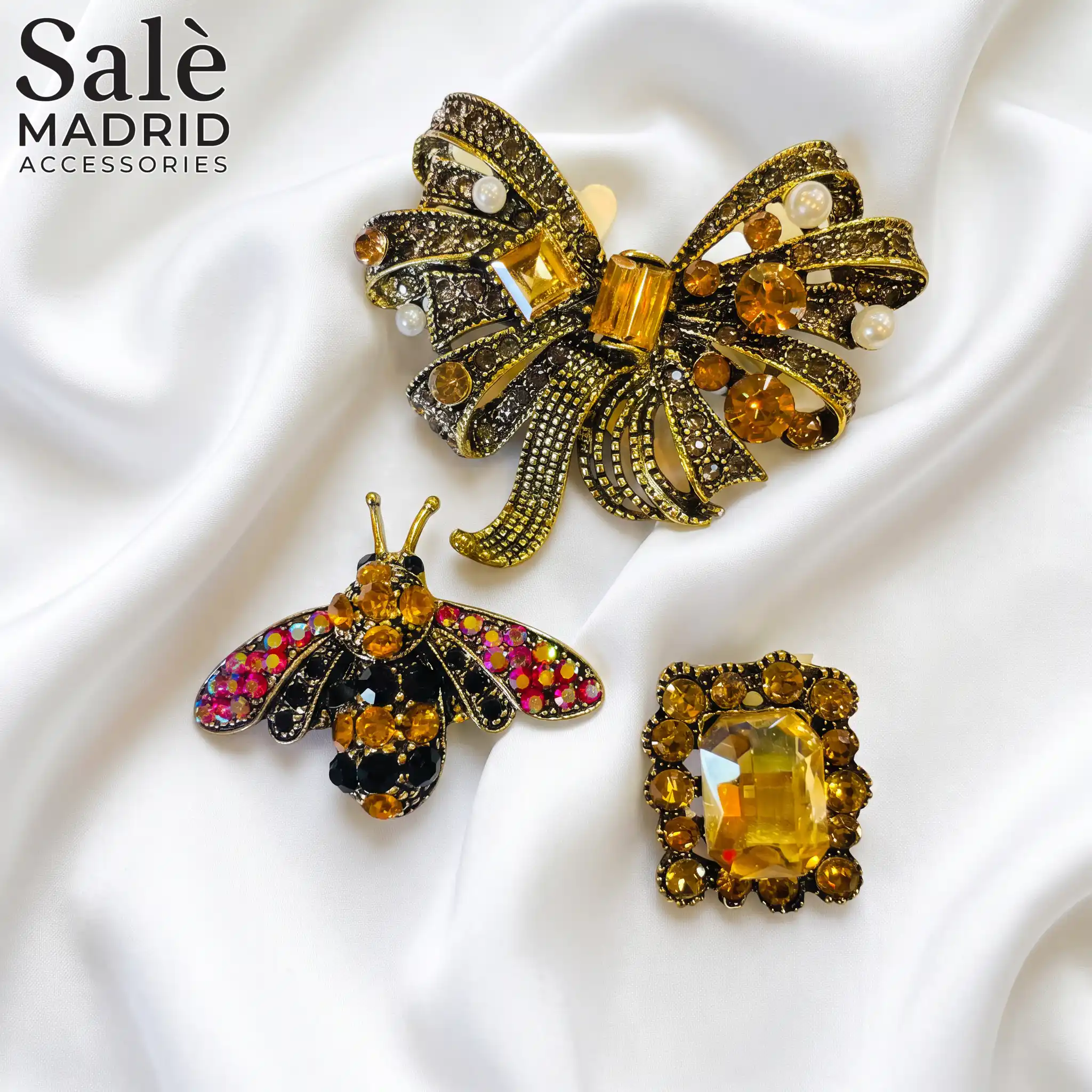 SET BUTTON CLIPS ANTIQUE BOW CHAMPAGNE + COLOURFUL BEE + RECTANGLE STONE