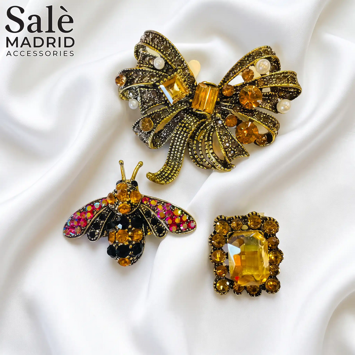 SET BUTTON CLIPS ANTIQUE BOW CHAMPAGNE + COLOURFUL BEE + RECTANGLE STONE