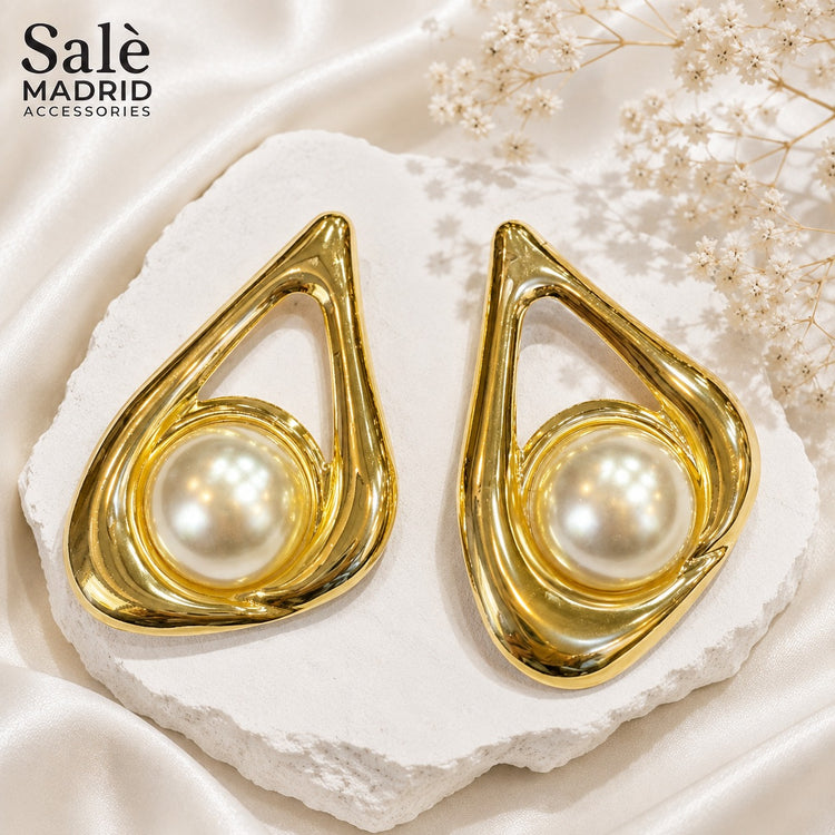 Gold-Tone Open Teardrop Pearl Statement Earrings