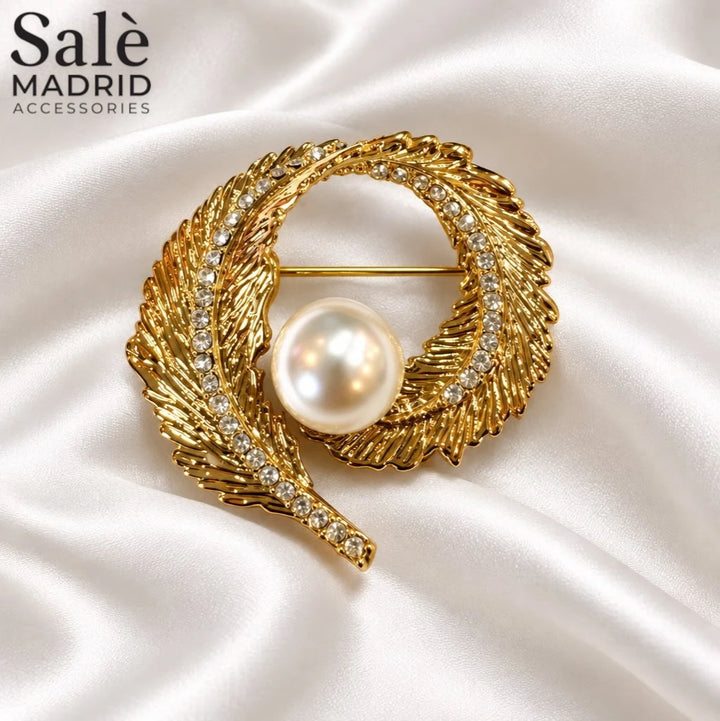 Brooch Feather Gold Spiral Pearl