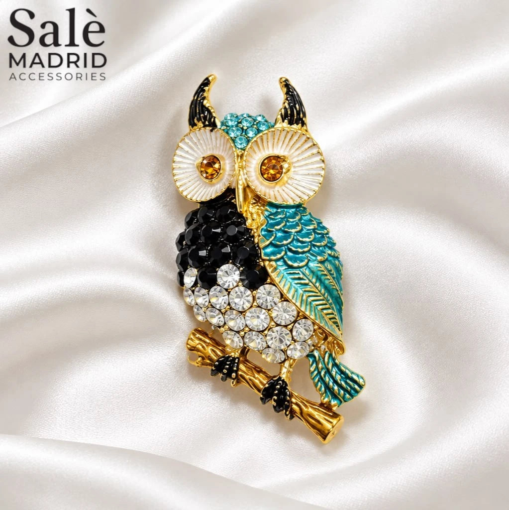 Brooch Owl White Crystal Teal Wing Silver Eye
