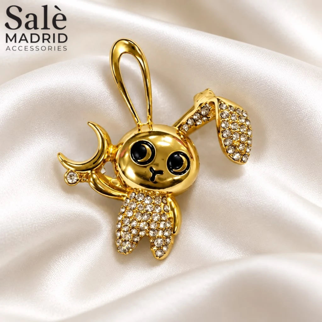 Brooch Bunny Gold Crescent Crystal