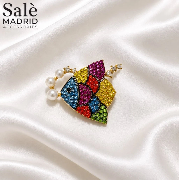 Brooch Fish Multi Crystal Pearl
