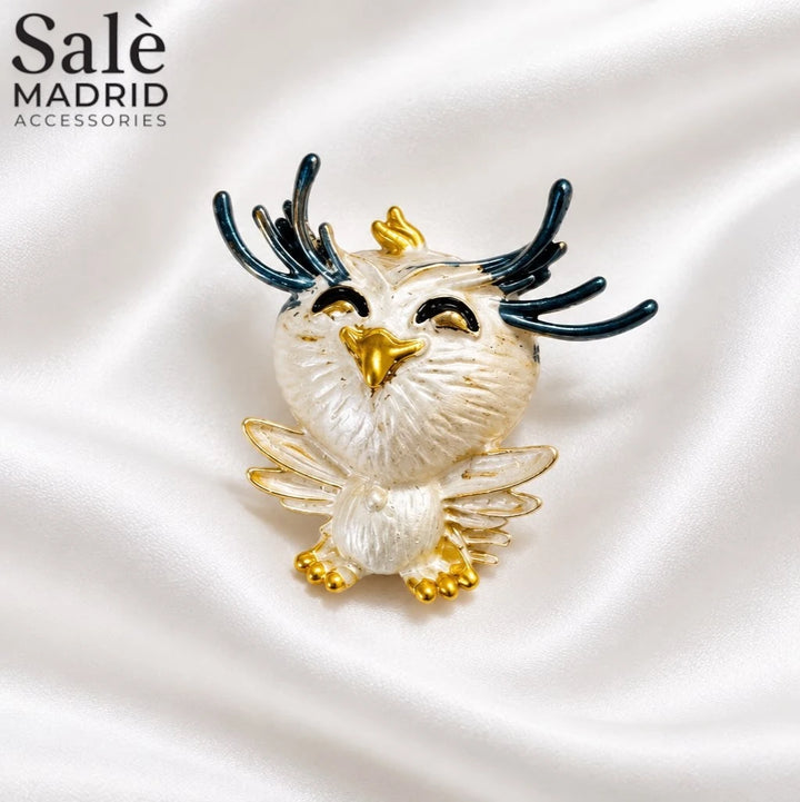 Brooch Owl White Gold Closed Eye