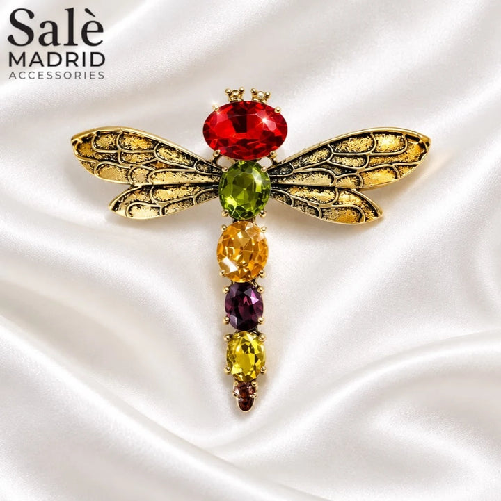 Brooch Dragon Fly Bronze Multicrystal