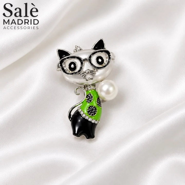 Brooch Cat Glasses Green Pearl