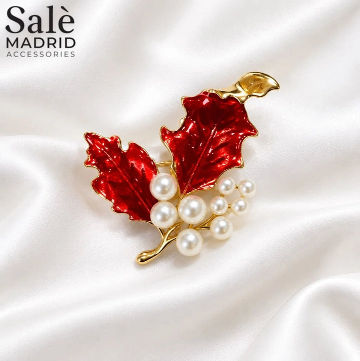 Brooch Leaf Red Pearl Gold
