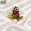 Brooch Owl Enamel Pearl Branch Green Eye