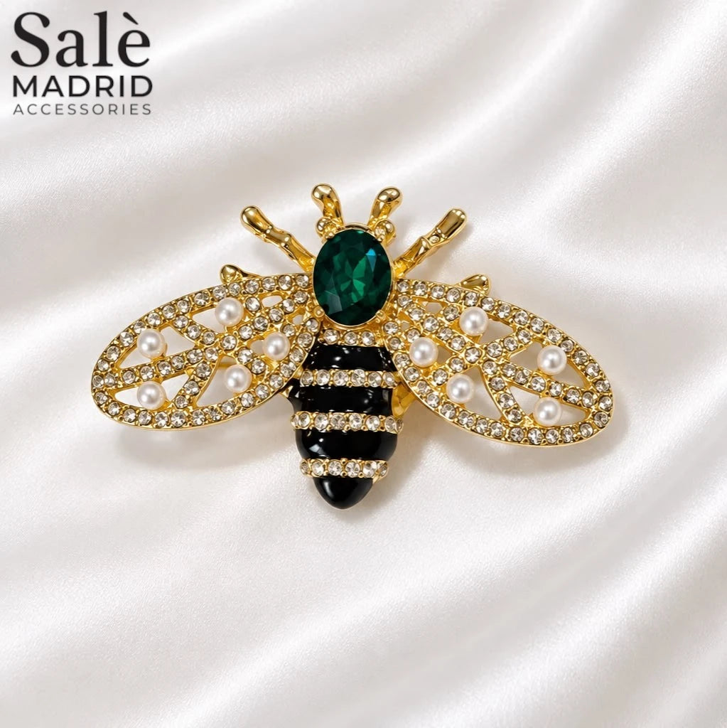 Brooch Bee Gold Green Pearl Crystal الصورة الرئيسية