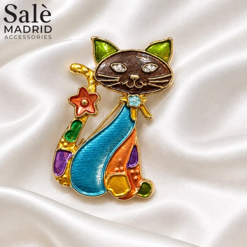 Brooch Cat Enamel Colorful Blue