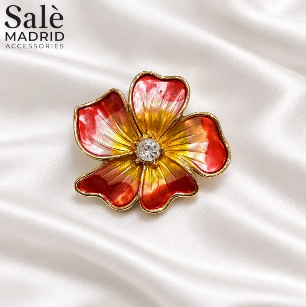 Brooch Flower 5 Petal Red Yellow Enamel