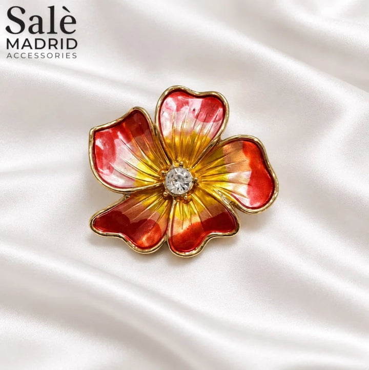 Brooch Flower 5 Petal Red Yellow Enamel