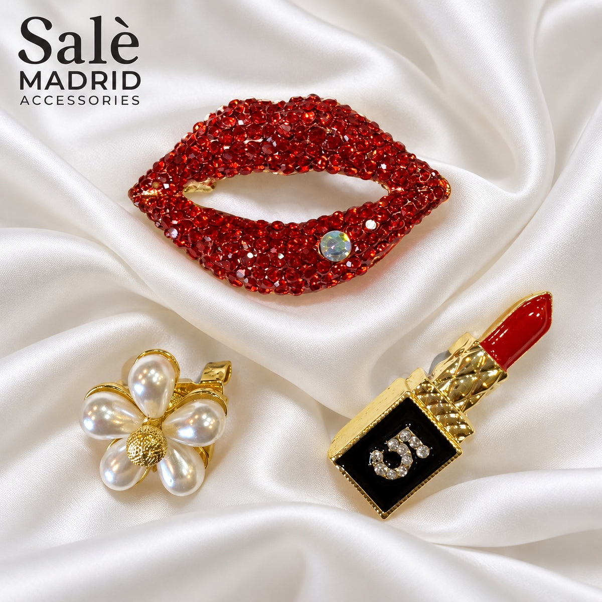 Set 3 Brooch Make Up Red Lips Pace + Pearl Flower + Lipstick Chanel Gold الصورة الرئيسية
