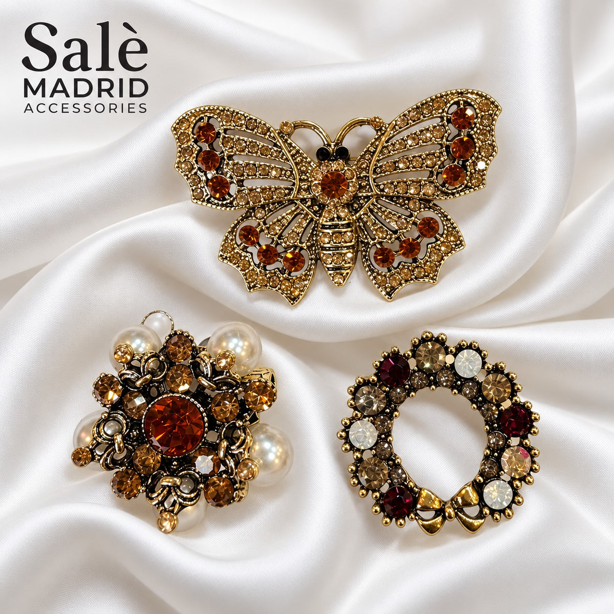Brooch Set Butterfly Brown + Cluster Orange Pearl + Wreath Gray Main image