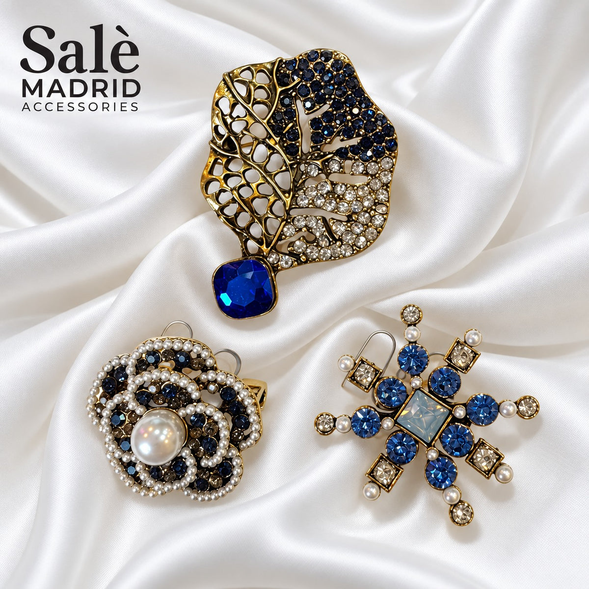 Set 3 Brooch Royal Blue Leaf Laser Cut Blue Stone + Camellia Pearl Navy + Snowflake Star Blue Main image