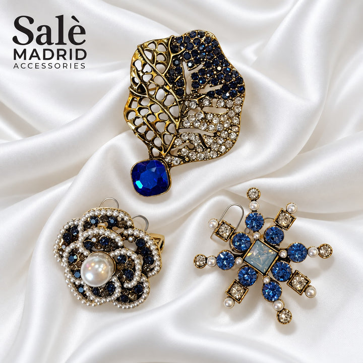 Set 3 Brooch Royal Blue Leaf Laser Cut Blue Stone + Camellia Pearl Navy + Snowflake Star Blue