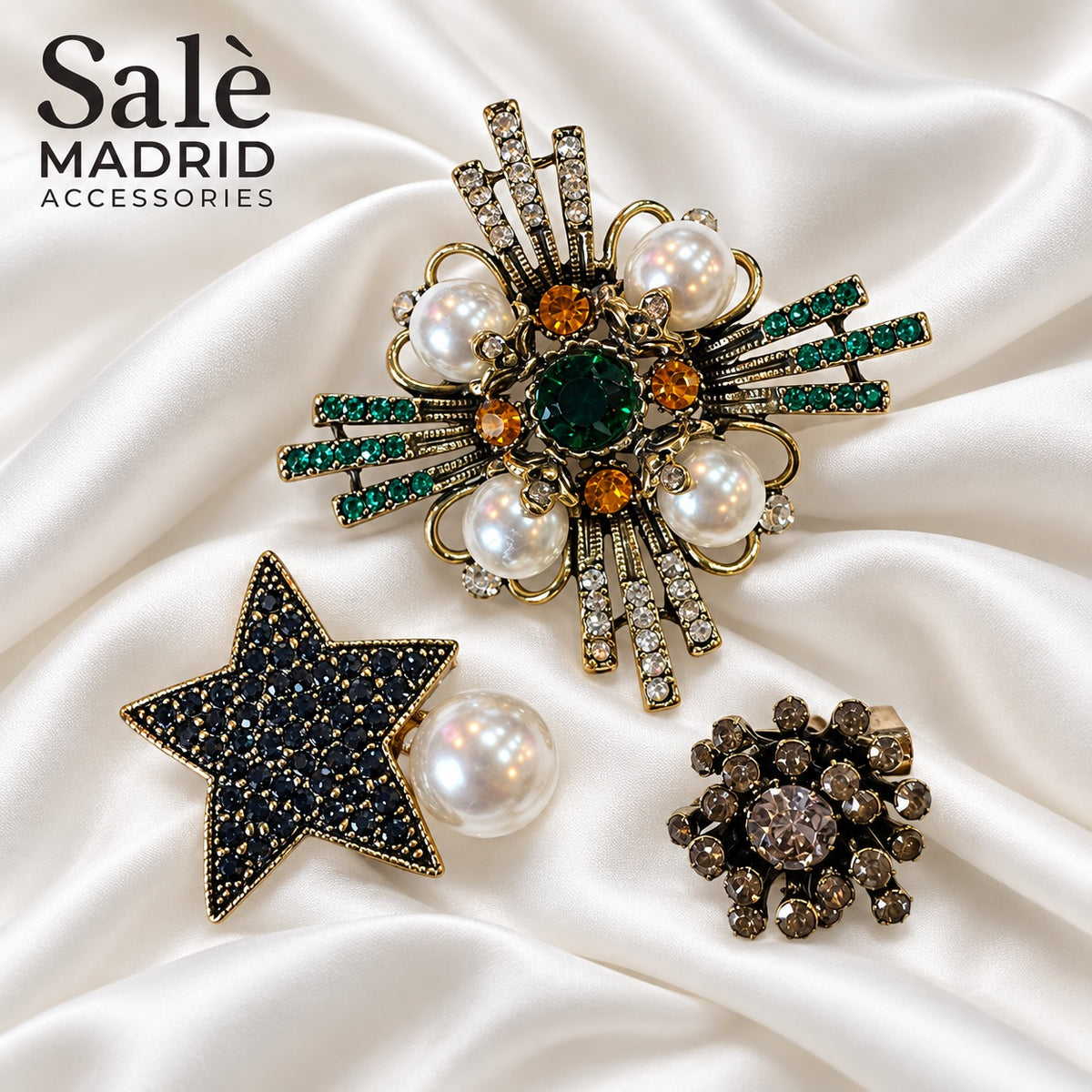 Brooch Set 3 Emerald Pearl Snowflake +Star Navy Pave + Cluster Pearl