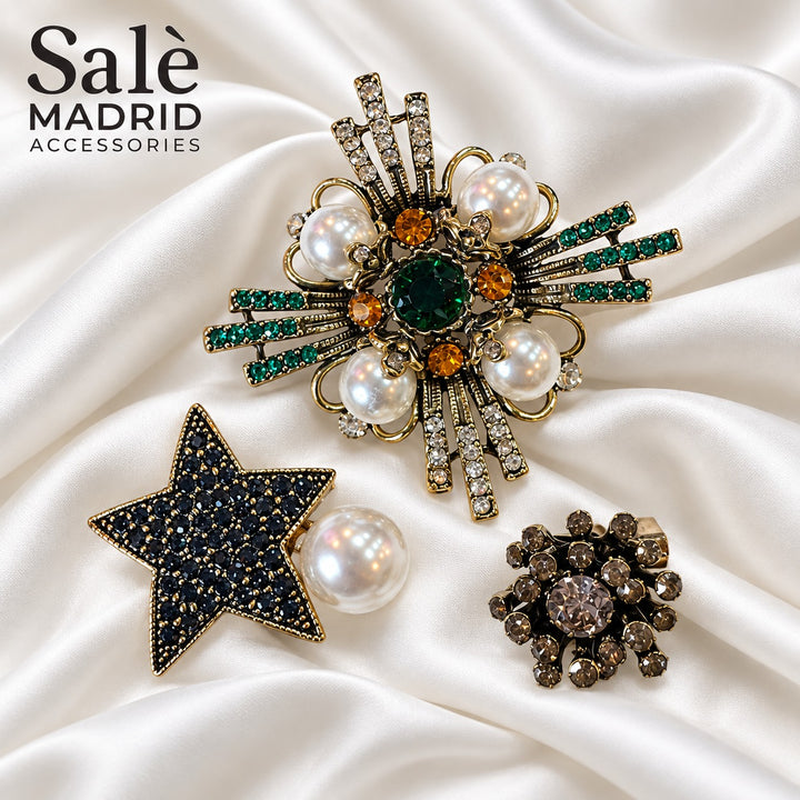Brooch Set 3 Emerald Pearl Snowflake +Star Navy Pave + Cluster Pearl