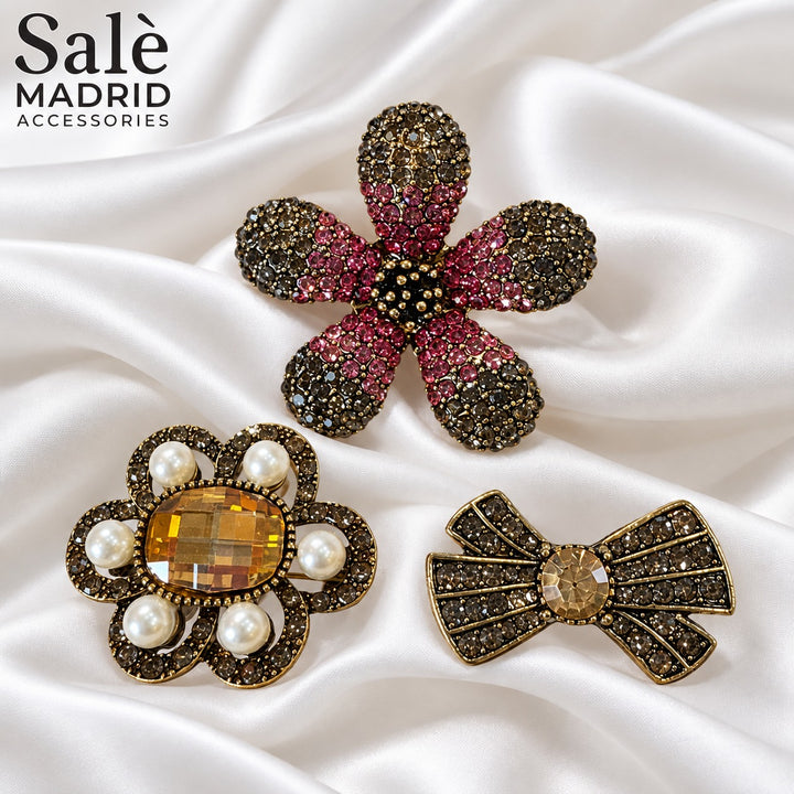 Brooch Set Flower Pink Gray + Flower + Chamagne Pearl + Bow Gray