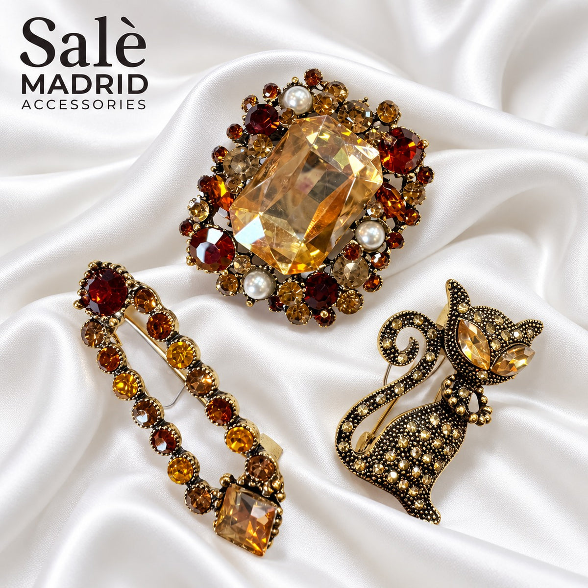 Brooch Set 3 Pcs Cat Amber Oval Brown Pearl Cluster + Cat Letter L Brown Pave Main image