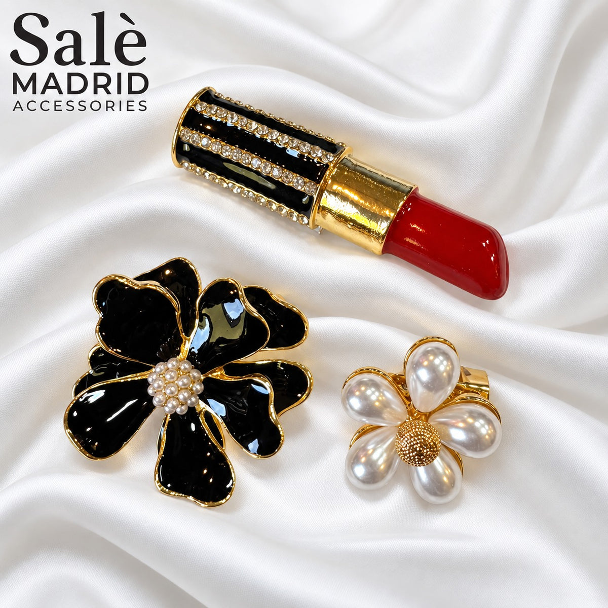 Brooch Set Lipstick Red + Flower Black + Flower Pearl Main image