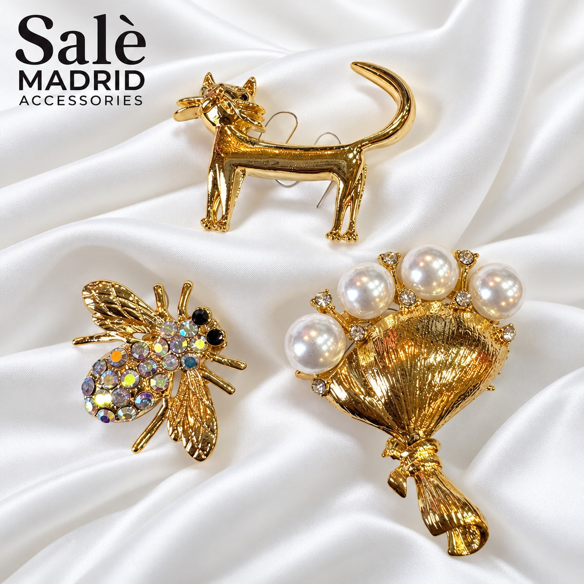 Set 3 Brooch Fancy Gold - Pearl Money Bag -Hanging Giraffe Cat + Bee Main image