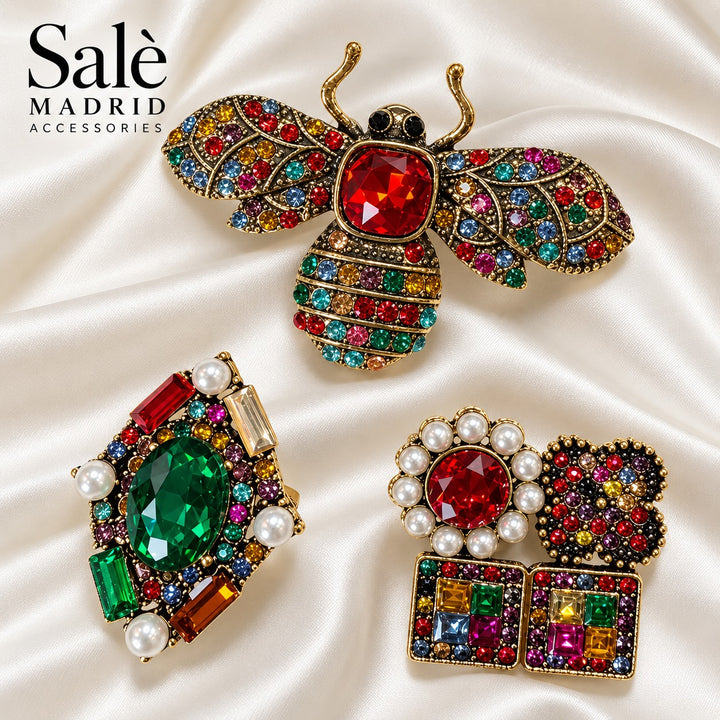 Set 3 Brooch Bee Rainbow Red + Green Marquise Pearl + 4 Mini Set