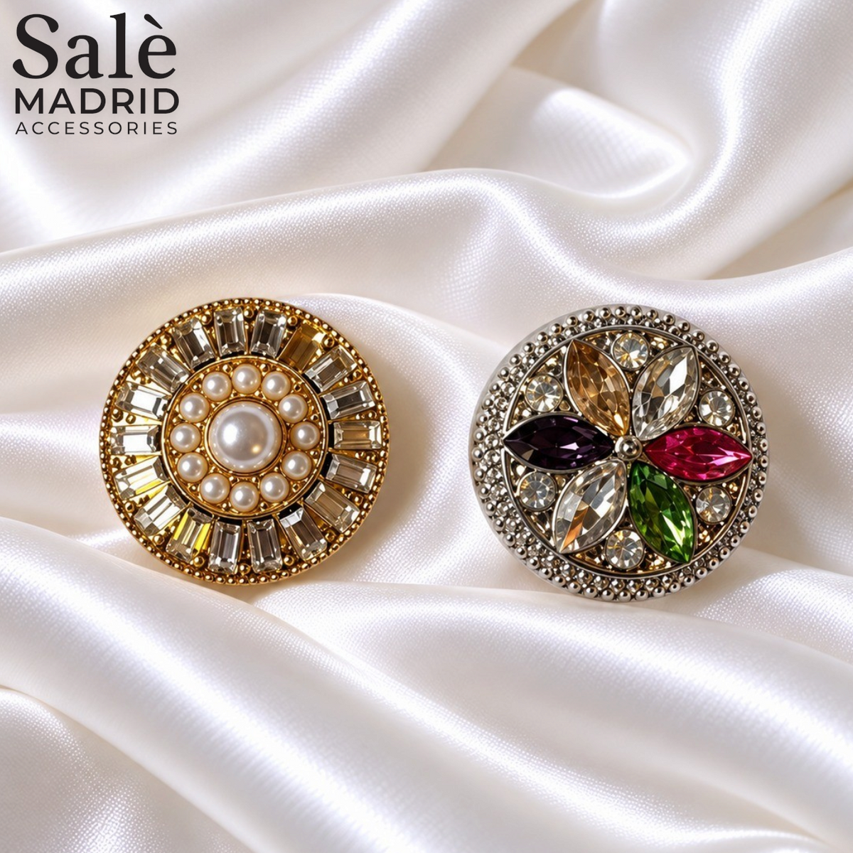 SET BROOCH CUFFLINKS 2PCS MIX GOLD PEARL BAGUETTE + SILVER MULTICOLOR FLOWER Main image