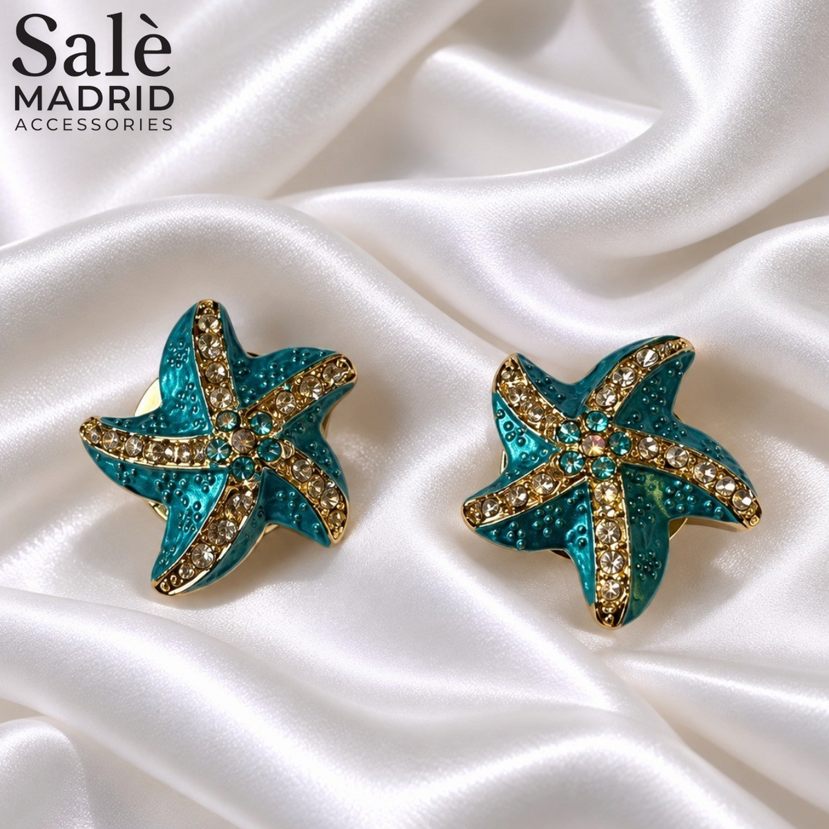 SET BROOCH CUFFLINKS STARFISH TURQUOISE BLUE ENAMEL CLEAR CRYSTAL
