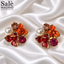 SET BROOCH CUFFLINKS FLOWER BOUQET CLUSTER RED ORANGE ENAMEL + PINK PEARL GOLD