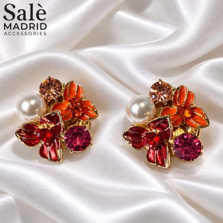 SET BROOCH CUFFLINKS FLOWER BOUQET CLUSTER RED ORANGE ENAMEL + PINK PEARL GOLD