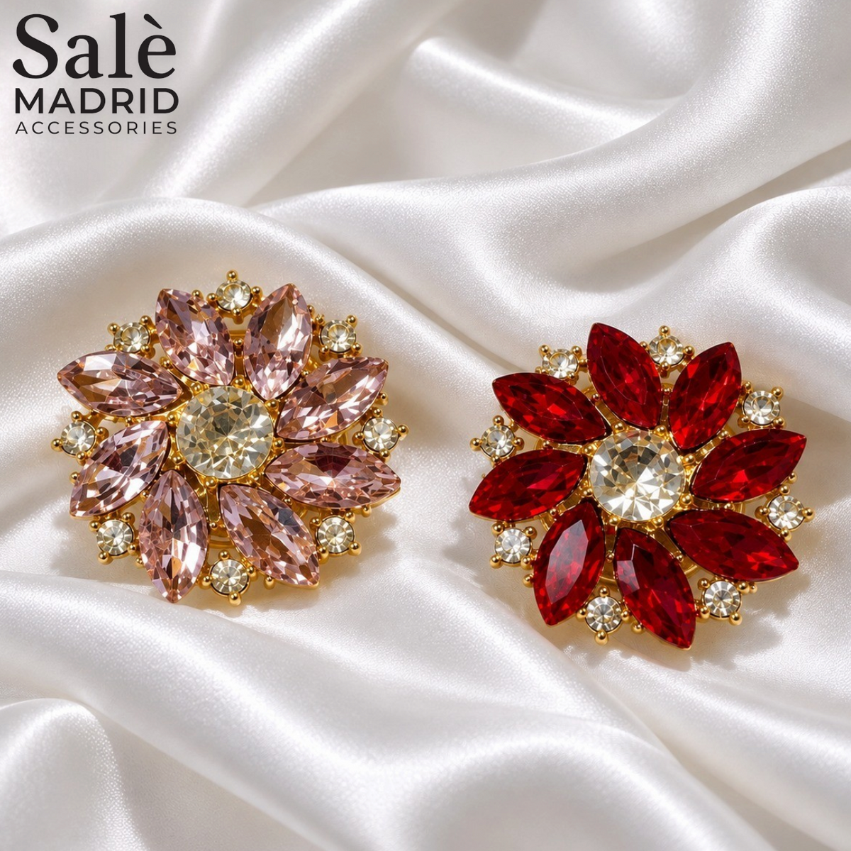 SET BROOCH CUFFLINKS 2PCS FLOWER MARQUISE RED + KIGHT PICK CLEAR GOLD
