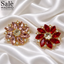 SET BROOCH CUFFLINKS 2PCS FLOWER MARQUISE RED + KIGHT PICK CLEAR GOLD