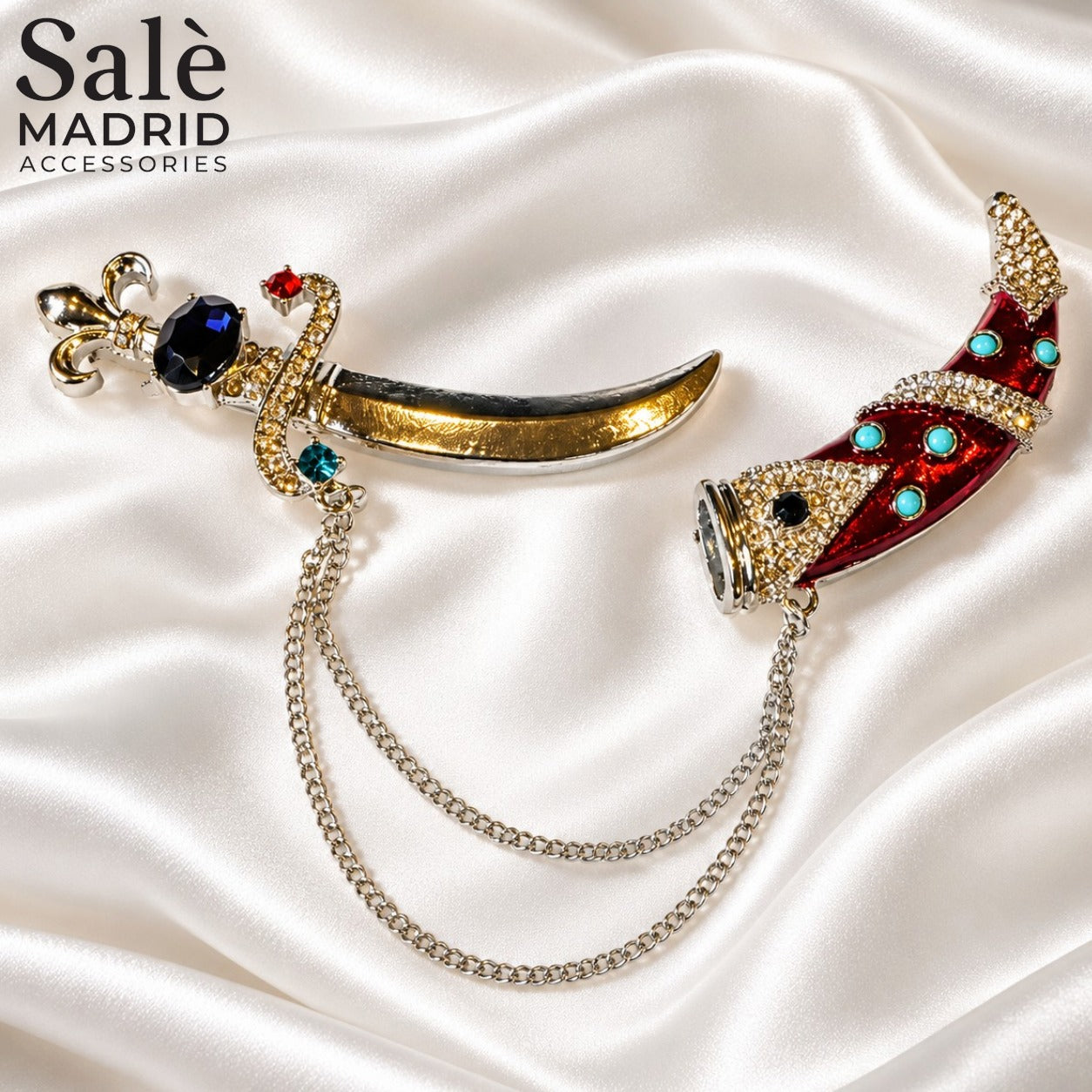 BROOCH KHANJAR DAGGER RED ENAMEL TURQUOISE BLUE CRYSTAL SILVER Secondary image