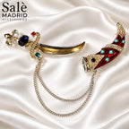 BROOCH KHANJAR DAGGER RED ENAMEL TURQUOISE BLUE CRYSTAL SILVER