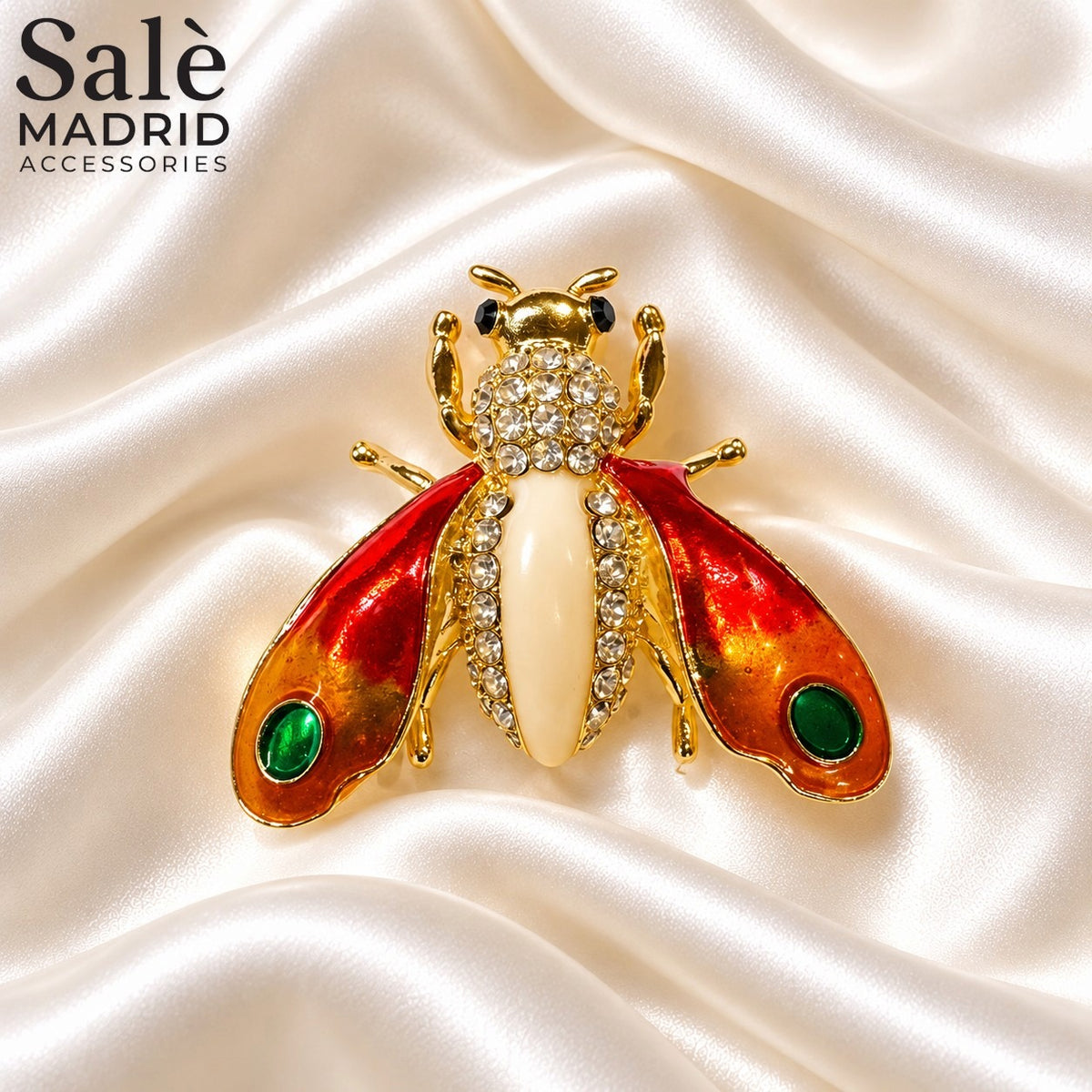 BROOCH ISECT ORANGE GREEN EYE CRYSTAL WHITE GOLD Main image