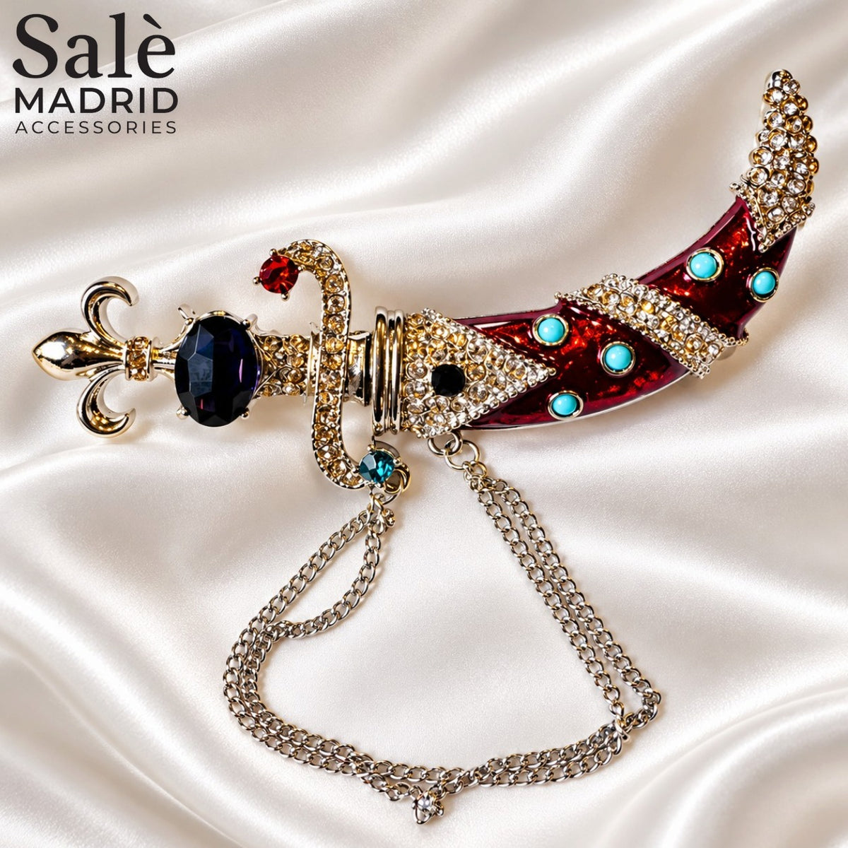 BROOCH KHANJAR DAGGER RED ENAMEL TURQUOISE BLUE CRYSTAL SILVER Main image